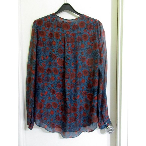 Hanley Mellon 100% Silk 8 Blouse Blue Floral Boho Semi Sheer M Shirt Tunic Mint! - Picture 10 of 10